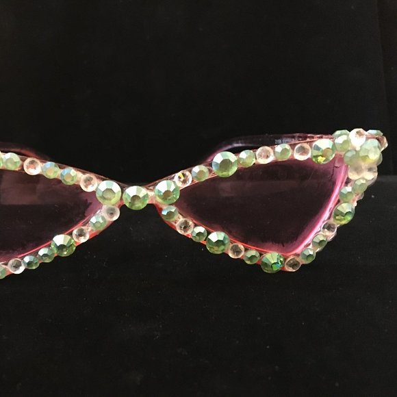 Vintage Retro Pink Cat Eye Glasses w Green Crystals Women\'s Accessories Sun